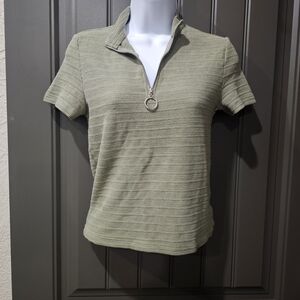 Good Luck Gem Sage Green Short Sleeve Zip-Up Top
